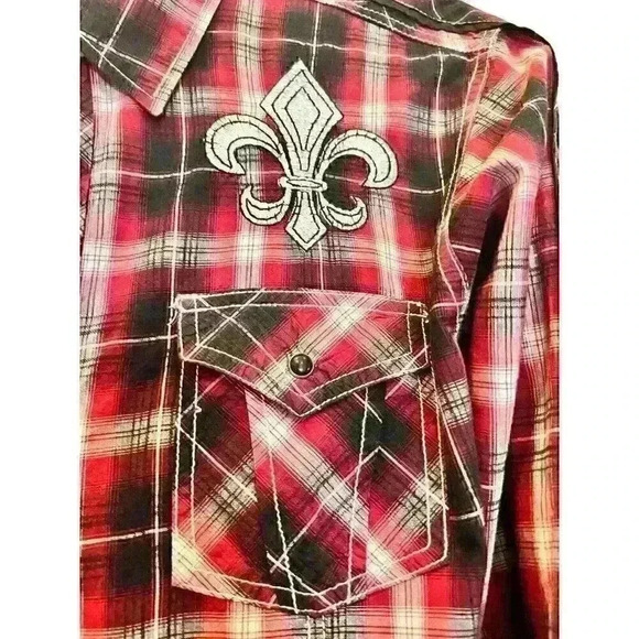 Pop Icon Clothing for Buckle XL Plaid Embroidered Fleur De Lis Pearl Snap Shirt - Picture 4 of 13